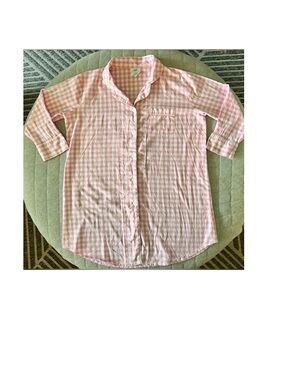 BELLA IL FIORE L/XL Pink White Plaid 3/4 Sleeve Cotton Sleep Shirt Exc Cond